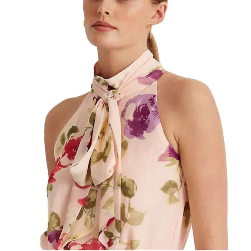 Lauren Ralph Lauren Womens Floral Print Ruffled Chiffon Sleeveless Short Dress - Picture 2 of 8
